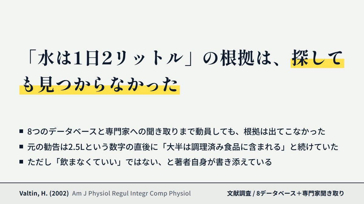 myBrompton0520's tweet photo. 「水は1日2リットル」——この説、根拠が一度も見つかっていません。

驚いたのは2点。2002年、8つのデータベースと未電子化の古い文献、専門家への聞き取りまで動員しても、証明は出てきませんでした。

もう1点。元の勧告は「大半は食事から摂れている」と続けていたんです。 https://t.co/OOSO3WLMpF