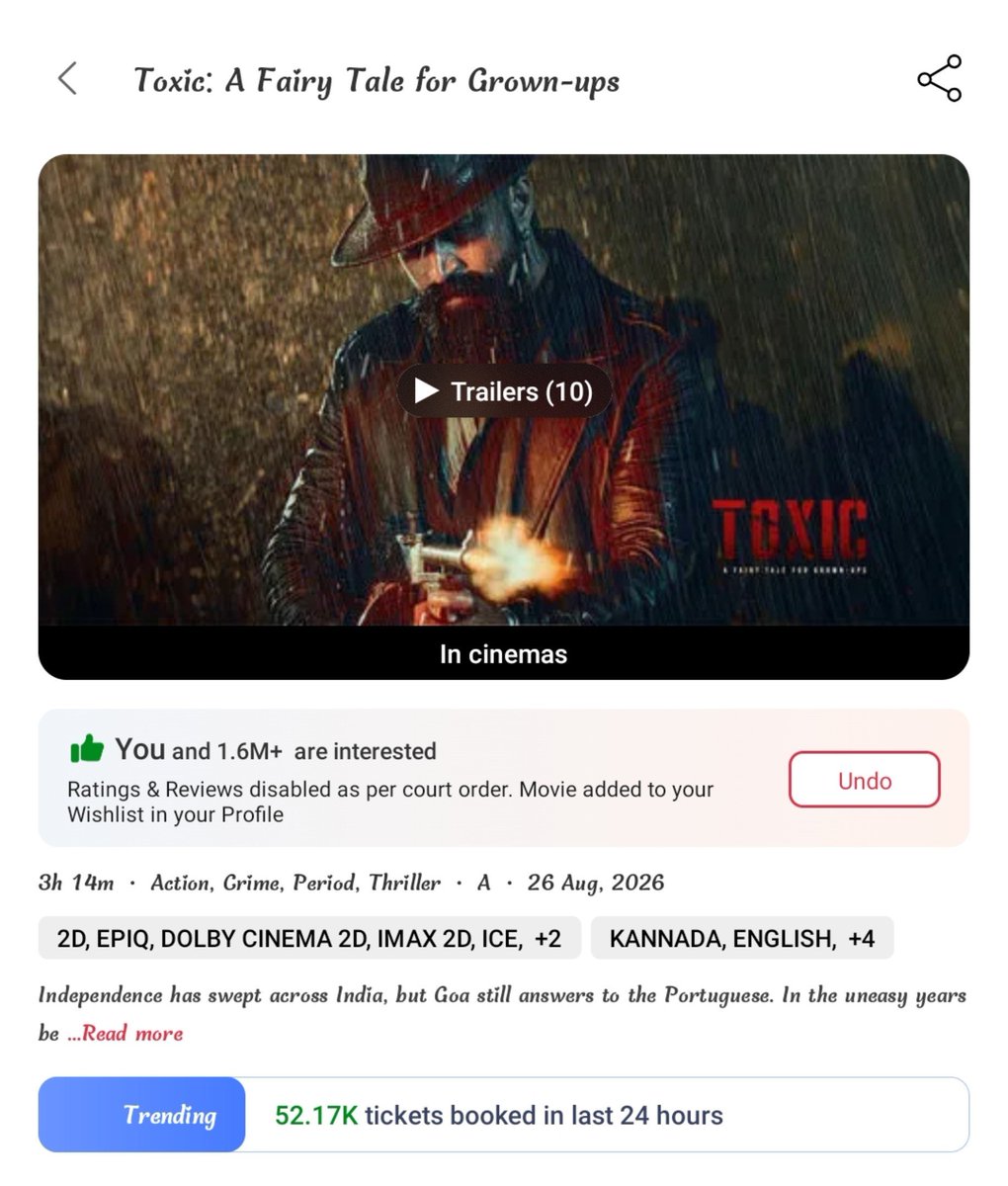 KillerKariyaa's tweet photo. BMS 24hrs Ticket Sales (Day-9)

#Kaatera - 64.19K (Regional Movie)🔥
#ToxicTheMovie - 52.17K (Pan World) 🤡

#Dboss Nin Range, Stardom Pan World Hero Ge Dream Guru 🥵🤙🔥 https://t.co/nfwfeITF8R