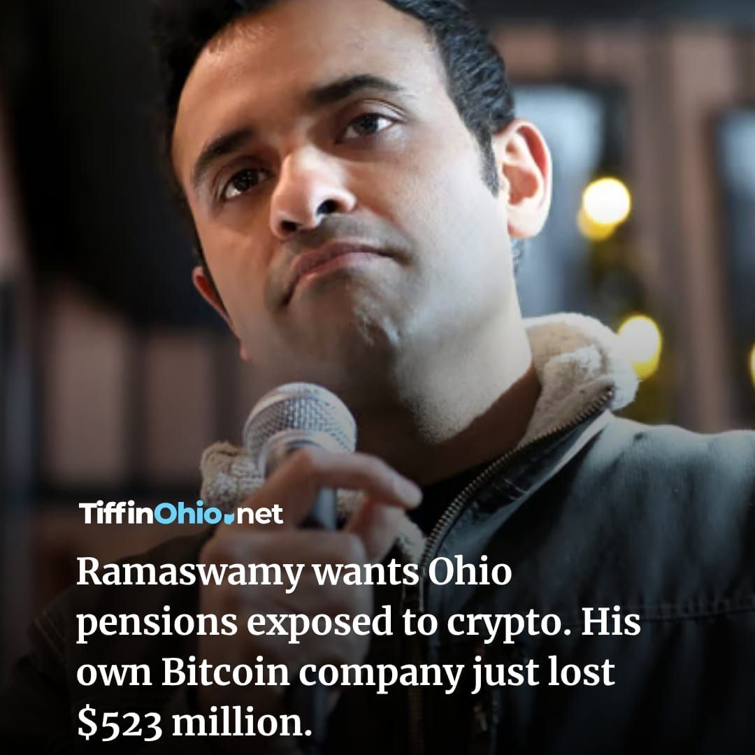 TiffinOhioNews's tweet photo. Vivek Ramaswamy is pushing Ohio to open public pensions to crypto. Strive, the Bitcoin company he co-founded and still owns 6.6% of, just reported a $523.5 million loss in six months — and kept buying Bitcoin anyway. Ohio's pension systems oversee $284 billion, and unlike the state treasurer's fund, Ramaswamy's plan sets no cap on how much of it could be exposed.
Read more: https://t.co/AhpP6G4nuG