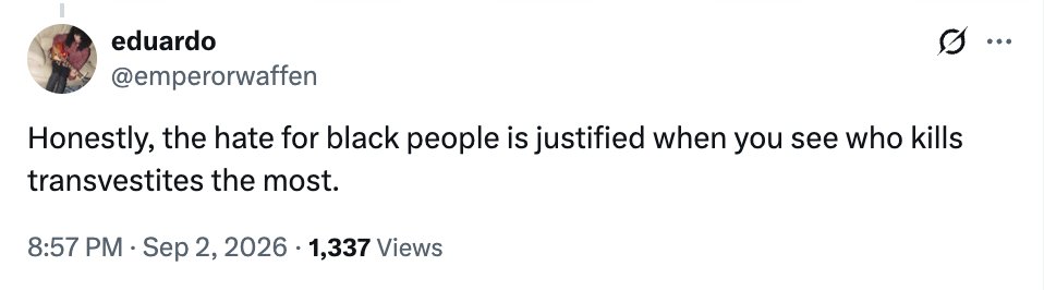 toby_is_typing's tweet photo. 1. Most VICTIMS of transphobic murder (~60%) are Black trans women. The number goes up to ~70% when you add Black trans men &amp; nonbinary people.

2. Most homicide, period, is intraracial (the victim &amp; killer belong to the same racialized group).

3. You're a racist piece of shit. https://t.co/qAyk058Ocj