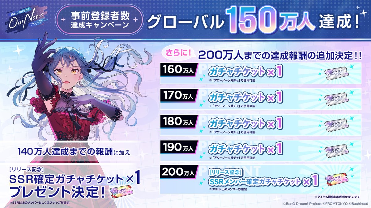 bang_dream_on's tweet photo. 🎊事前登録者数150万人突破🎊
さらに「アワーノーツ リリース日決定特番」
9月13日(日)21:00より配信決定🎉

たくさんのご登録ありがとうございます！
150万人達成報酬として「[リリース記念]SSR確定ガチャチケット×1」のプレゼントが決定💫

さらに「アワーノーツ リリース日決定特番」の配信が決定✨
配信内では #アワーノーツ のリリース日をついに解禁‼️9月13日(日)21:00より、公式XとYouTubeにて配信いたしますのでお見逃しなく！

200万人までの達成報酬の追加も決定いたしましたので、引き続きご登録をお願いいたします🎶
#バンドリ