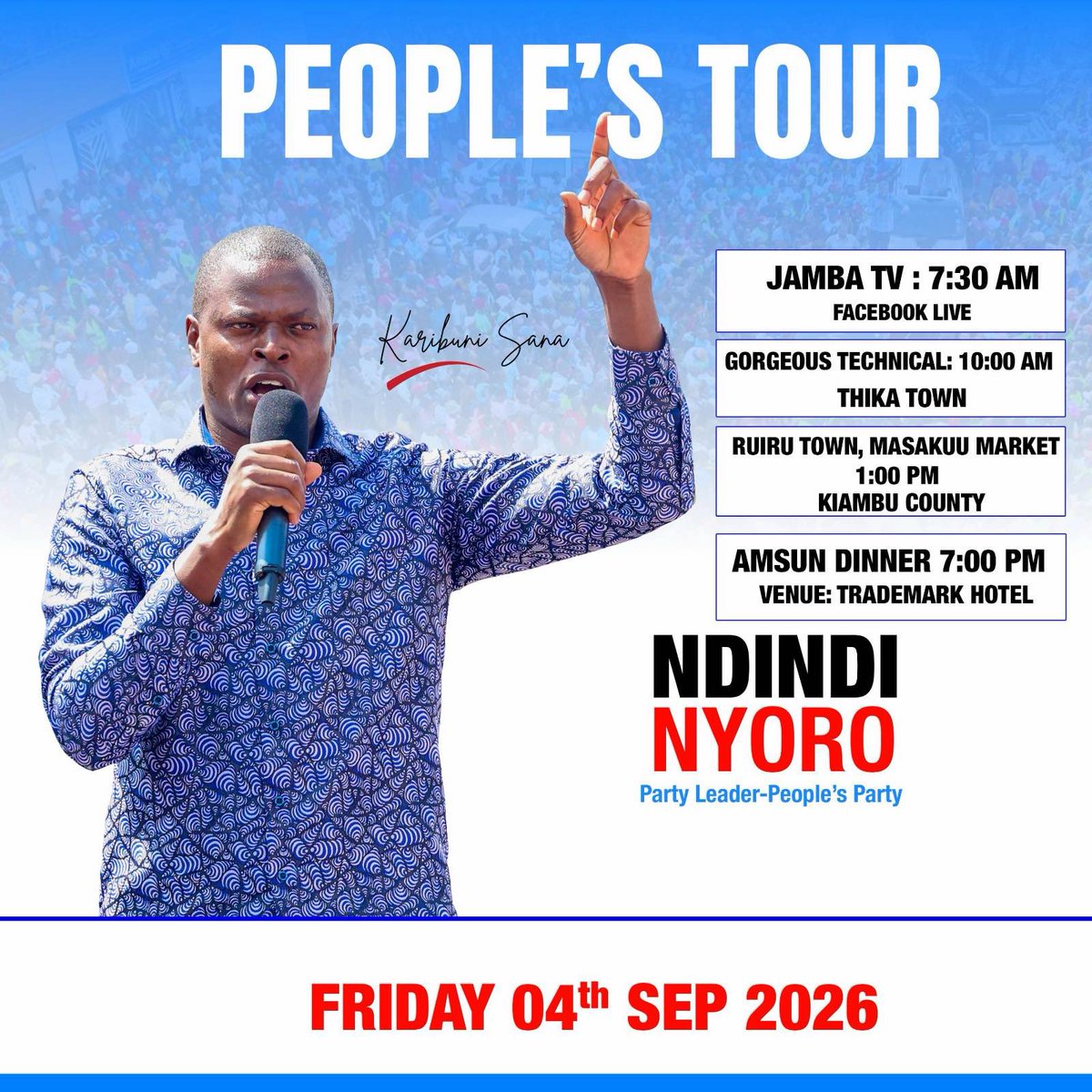 NdindiNyoro's tweet photo. About today.

7.30 am - Jamba TV.

10.00am - Gorgeous College, Thika. Celebrating 10 years.

1.00pm - People’s Tour, Ruiru, Masakuu Market.

7.00pm - Association of Medical Students of the University of Nairobi Finalists Dinner.

We are African and Africa is our Business.. https://t.co/5hsawUGd4P