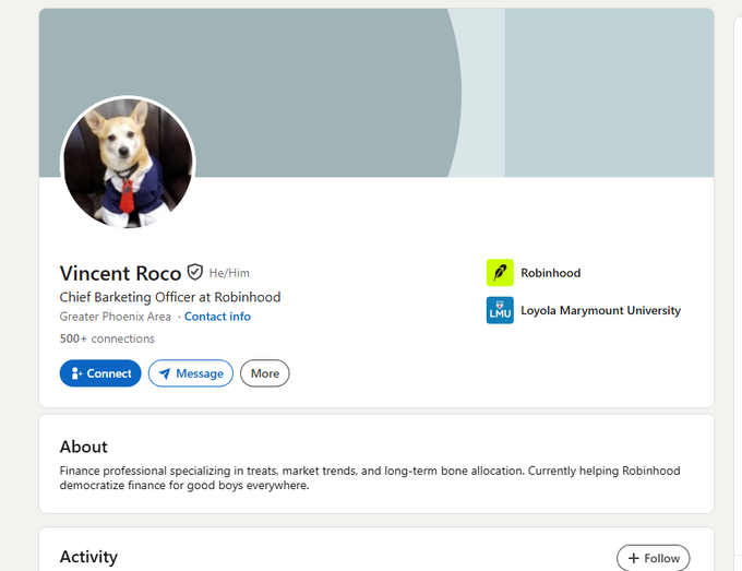 vekydoll's tweet photo. robinhood has a dog working for them 
that has never been found?
https://t.co/9YFNxb7VTT
Vincent the Chief Barketing Officer Pair with USDG unvample only up pve runner https://t.co/C6dEVEDoUs