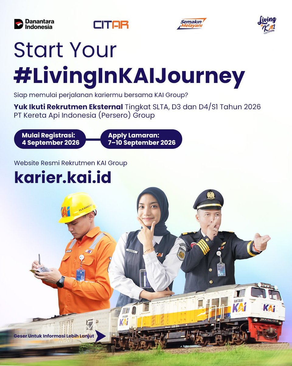 MenujuBUMN's tweet photo. 🔥 HARI INI KAI OPEN RECRUITMENT!

Segera siapkan berkasmu!

Yang mau Bahan belajar 
Cek di bio ✅

#kai
#keretaapiindonesia
#loker
#freshgraduate #rekrutmen

Bahan Belajar
Review/Spill/FR
Kisi-Kisi
Soal 
EBook
Kerja BUMN
Karir kai https://t.co/TUrZSmB5De