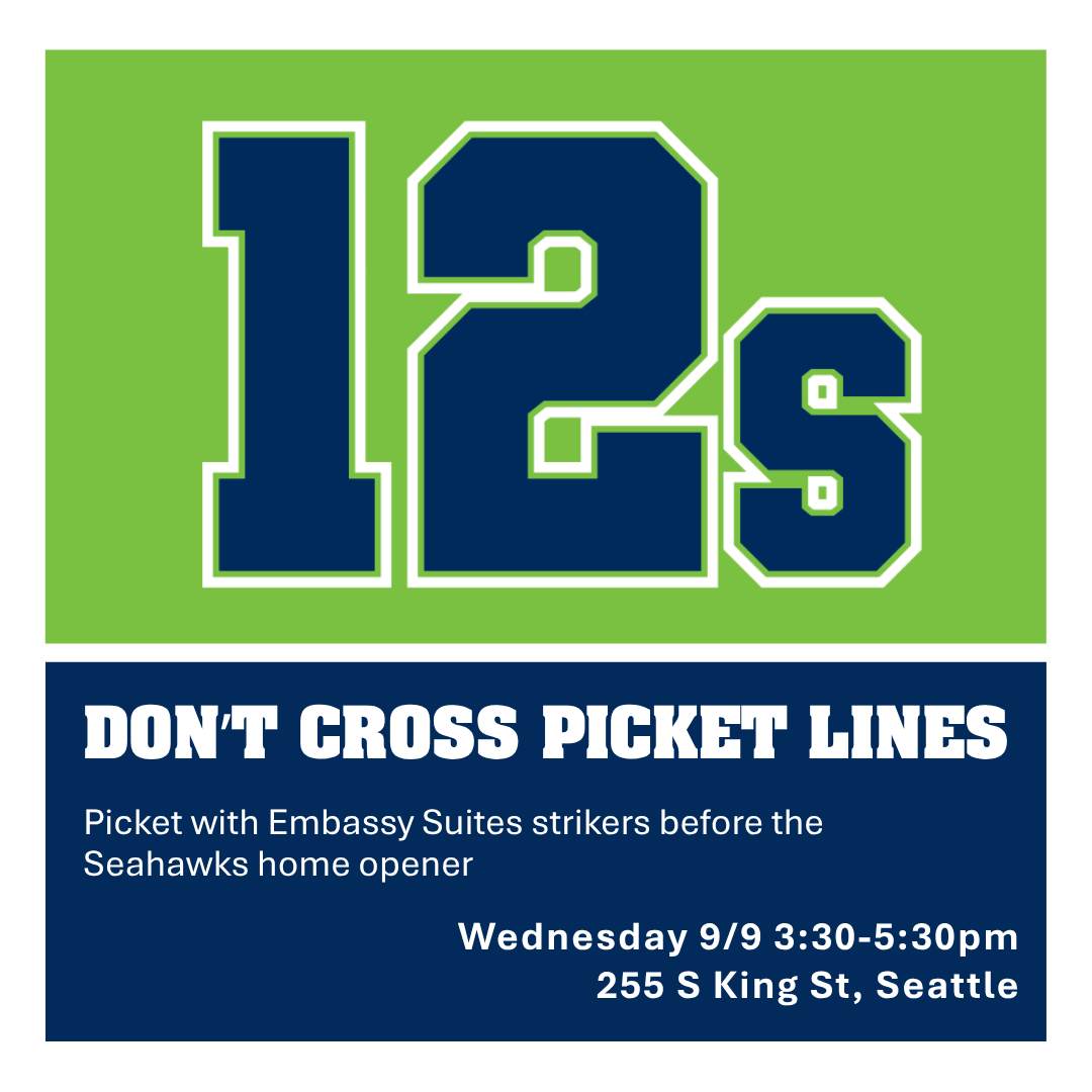UniteHereLocal8's tweet photo. Embassy Suites Pioneer Square is @LumenField's closest hotel... but the 12s don't cross picket lines.

Join Embassy Suites strikers before the Seahawks home opener, 9/9 3:30-5:30 pm https://t.co/VlmSHosDa9