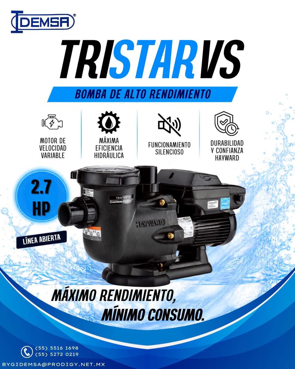 Idemsa's tweet photo. 💦 Potencia que se adapta a tu piscina. ⚡

Hayward TriStar® VS 2.7 HP combina alto rendimiento, velocidad variable y eficiencia hidráulica para ofrecer un funcionamiento potente y silencioso. 

Lleva el rendimiento de tu sistema al siguiente nivel.
📲 ¡Contáctanos hoy! https://t.co/0bOARexiNw