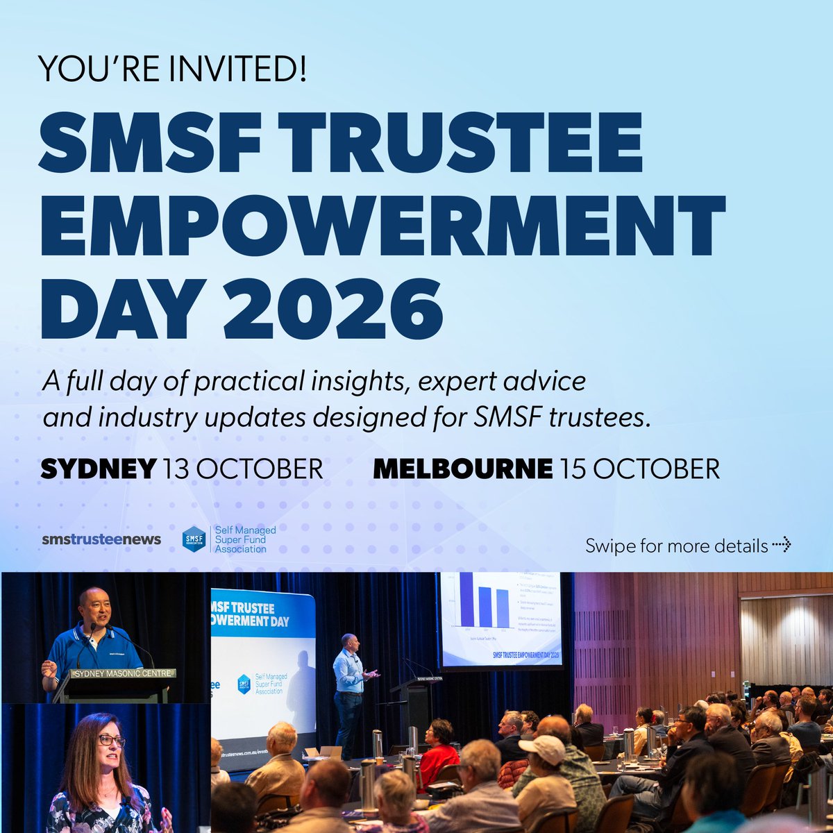 smstrusteenews's tweet photo. Join us at #SMSFTED 2026 for a day of practical insights, expert advice, investment ideas and the latest SMSF updates.
πβ Syd β 13 Oct 2026
πβ Mel β 15 Oct 2026
ποΈβ Early-bird special available
πβ Register: https://t.co/fEMgjYq1Qi
@smstrusteenews & @SMSFassoc https://t.co/xlPtSeChdG