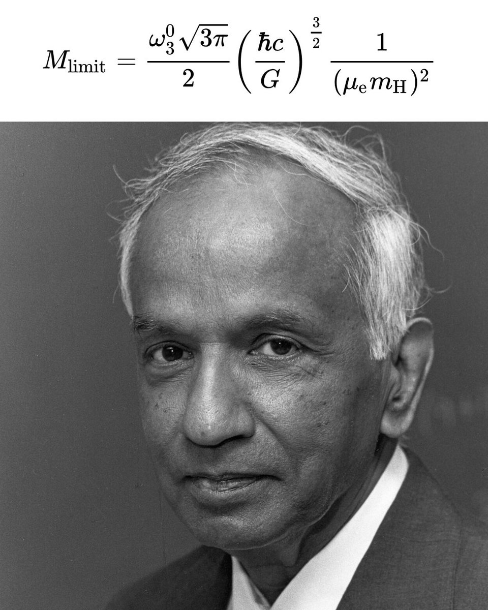 Math_files's tweet photo. In 1930, while still a young researcher, Subrahmanyan Chandrasekhar calculated that there is a maximum mass—now called the Chandrasekhar limit—above which a white dwarf cannot remain supported by electron degeneracy pressure. For a star that exceeds this limit, further gravitational collapse can occur, depending on the star's composition and evolution.

Arthur Eddington strongly criticized Chandrasekhar's conclusions at the time. Eddington did not accept that ordinary stars could undergo the type of gravitational collapse implied by Chandrasekhar's work.

Chandrasekhar later moved to the United States and continued his research. Over time, his work became an important part of modern astrophysics and our understanding of stellar evolution.

In 1983, Chandrasekhar received the Nobel Prize in Physics, shared with William A. Fowler, for his theoretical studies of the physical processes important to the structure and evolution of stars.
Chandrasekhar's work helped establish that sufficiently massive stellar remnants can undergo gravitational collapse. In the appropriate circumstances, this collapse can ultimately lead to the formation of a black hole.
