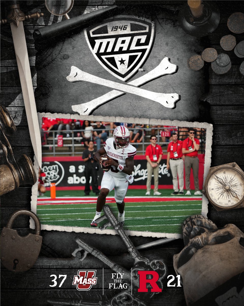 MACSports's tweet photo. 🏴‍☠️ FLY THE FLAG 🏴‍☠️️  

UMASS OPENS THE SEASON WITH A B1G WIN OVER RUTGERS IN PISCATAWAY!

@UMassFootball | #FlyTheFlag | #MACtion https://t.co/C5b5elxsI3