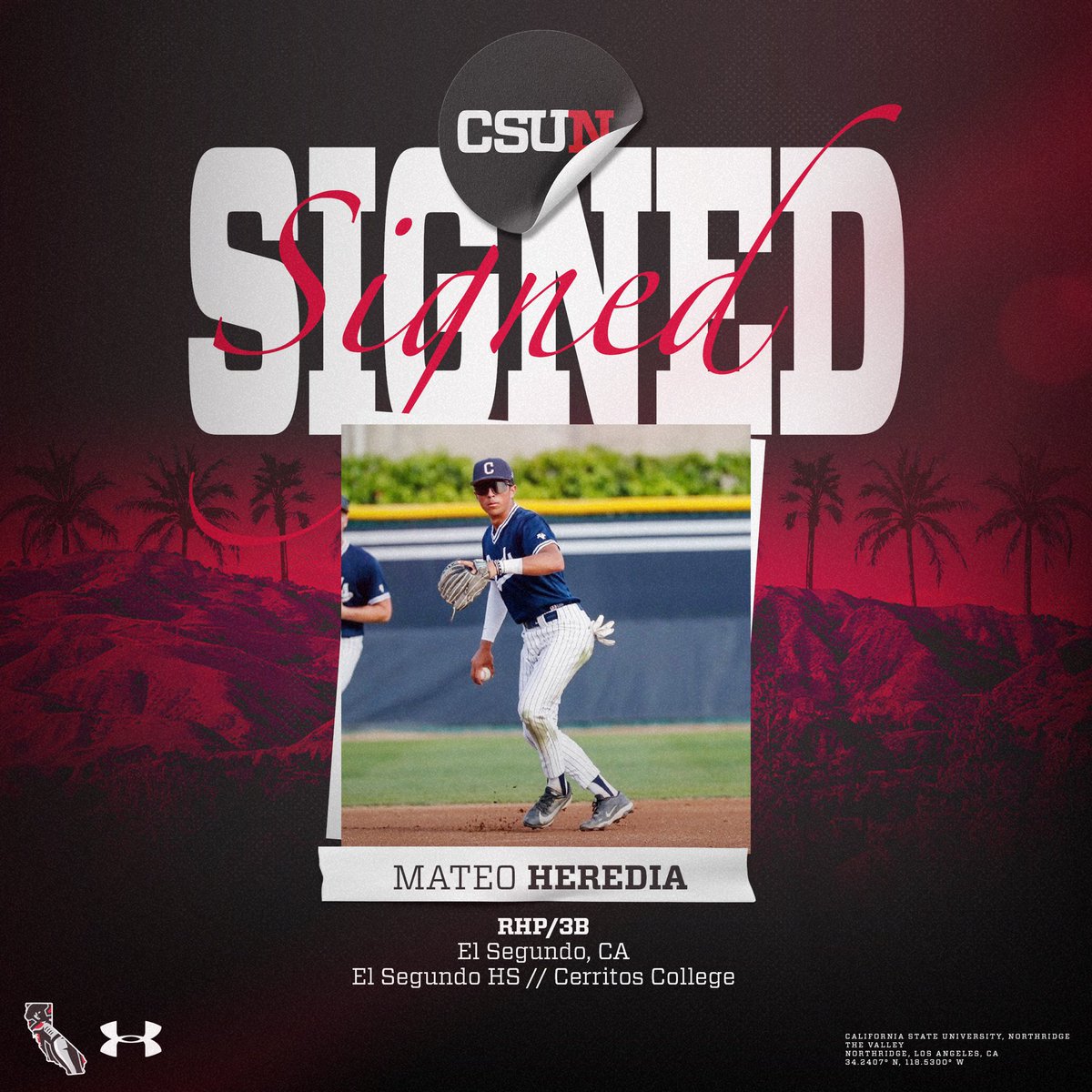 CSUNBaseball's tweet photo. Please join us in welcoming the new additions to our Matador Baseball family!

Next up, a two way player from Cerritos College with a big time arm. 

🌴 Mateo Heredia, Welcome to the Ridge! 🌴 https://t.co/iT9HAHGMe4