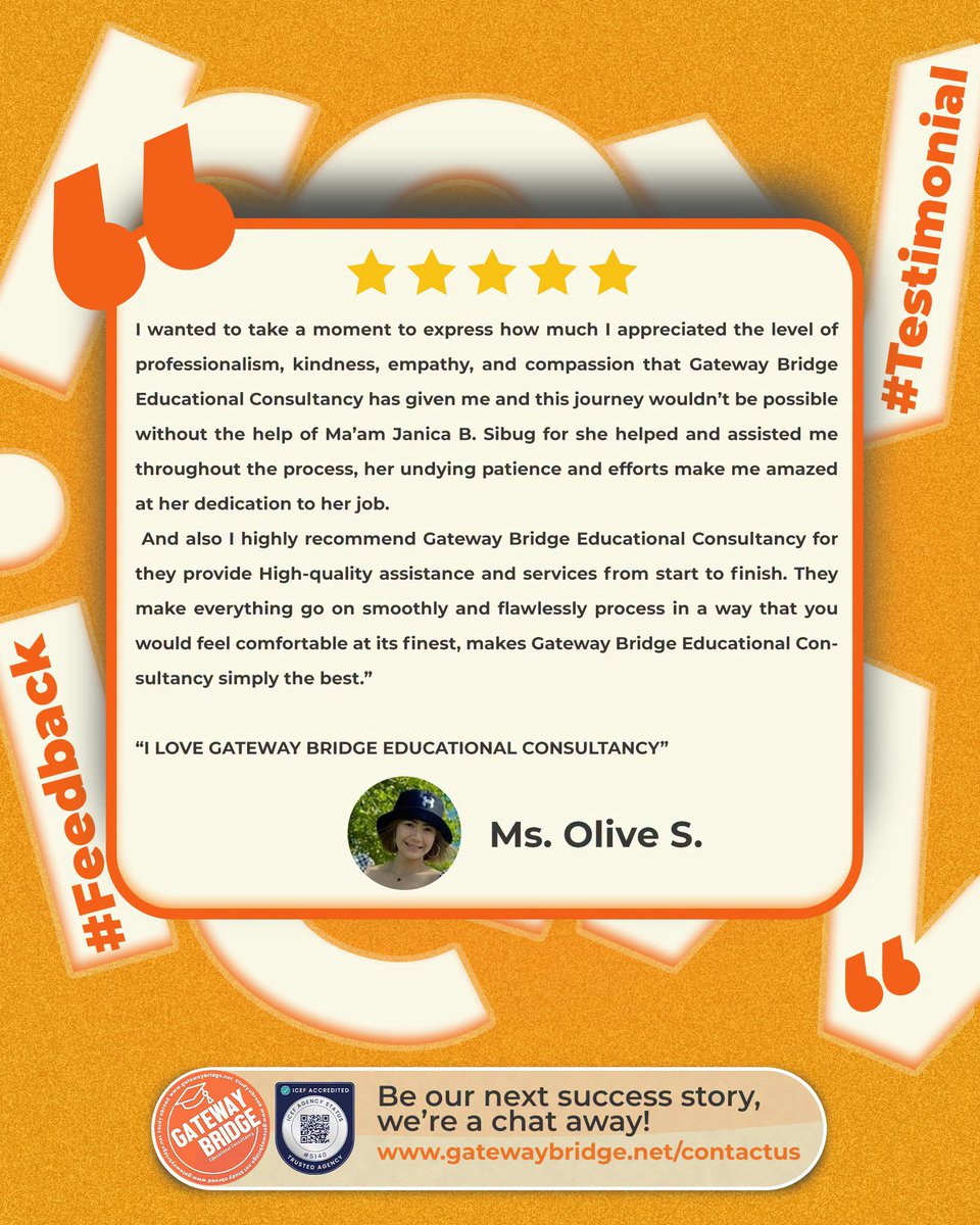 gatewaybridge's tweet photo. Thank you for trusting us with your journey Ms. Olive. This is why we do what we do.
Be our next success story โ Let's talk progress, book your consultation today.
https://t.co/TxegAgum95
#GatewayBridge #Testimonial #StudyAbroadPH https://t.co/ETGT82f92x