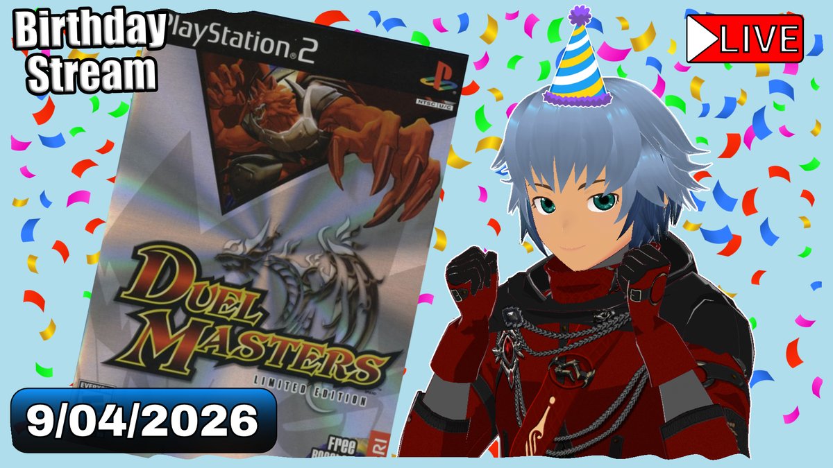 MiRyuuzen's tweet photo. BIRTHDAY STREAM TOMORROW! Since I'm actually streaming on my birthday again this year, I'm returning to the idea that I had last year. That is playing a game that I remember playing as a kid...this year the game that I chose is the Duel Masters game on the Playstation 2. https://t.co/2cRAgtJBn9