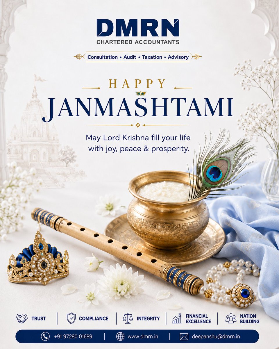 dmrnindia's tweet photo. 🦚 Happy Janmashtami!

May Lord Krishna bless your life with joy, peace, wisdom &amp; prosperity. 🙏✨

DMRN Chartered Accountants wishes you and your family a blessed Shri Krishna Janmashtami.

Jai Shri Krishna! 🪈

#HappyJanmashtami #Janmashtami #LordKrishna #DMRN #JaiShriKrishna https://t.co/9sRu0KXCw1