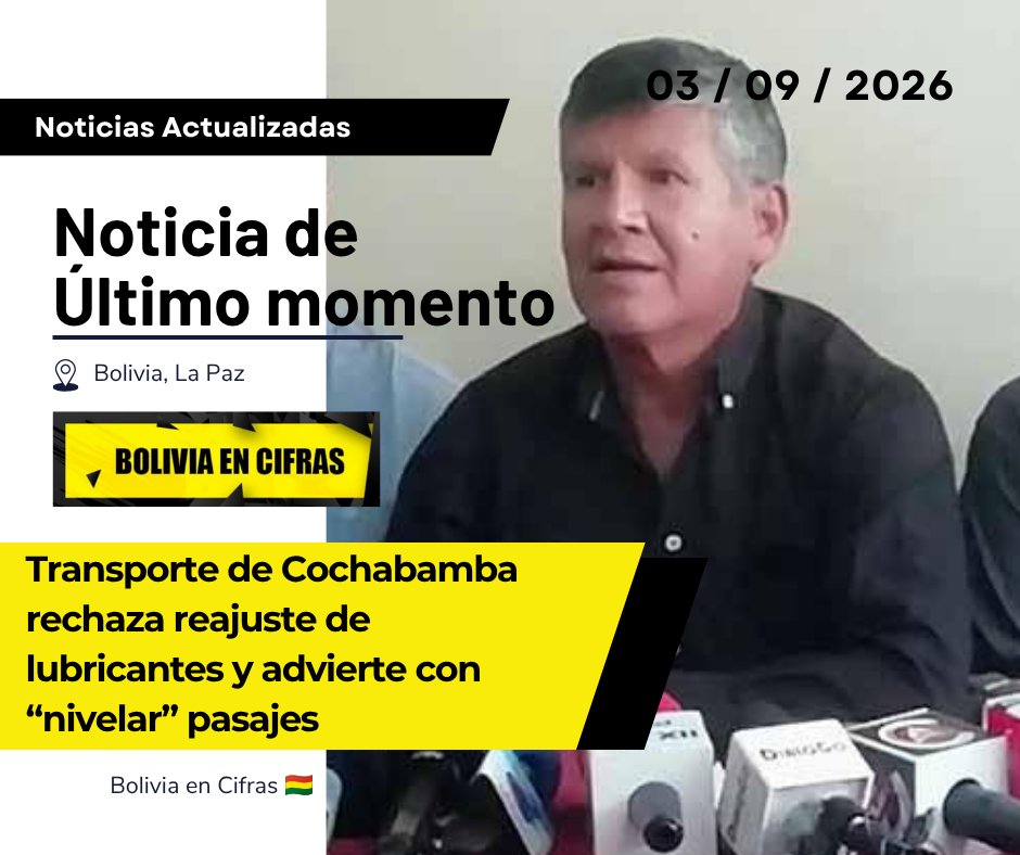 BoliviaEnCifras's tweet photo. El transporte de Cochabamba rechazó el reajuste de los precios de los lubricantes y advirtió que, si la medida no se revierte junto con el decreto del diésel, podría producirse una nivelación de las tarifas del transporte público. 💸
#Cochabamba #Bolivia #Transporte #Pasaje #YPFB https://t.co/cIL0X1e9Ih