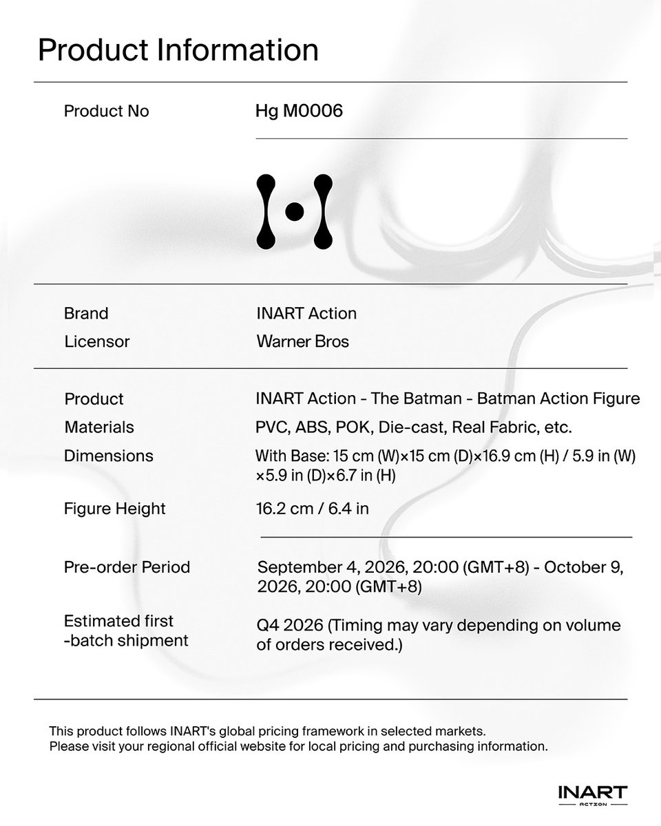 INART_Official's tweet photo. INART Action - The Batman - Batman Action Figure

Pre-orders open today: September 4, 2026, 20:00 GMT+8
👉: https://t.co/QnV0JOtb9x

"I have to become more. People need hope, to know someone’s out there for them."

#INARTAction #TheBatman #Batman #OfficialLicensedProduct #INART https://t.co/o4Ziysc0v8