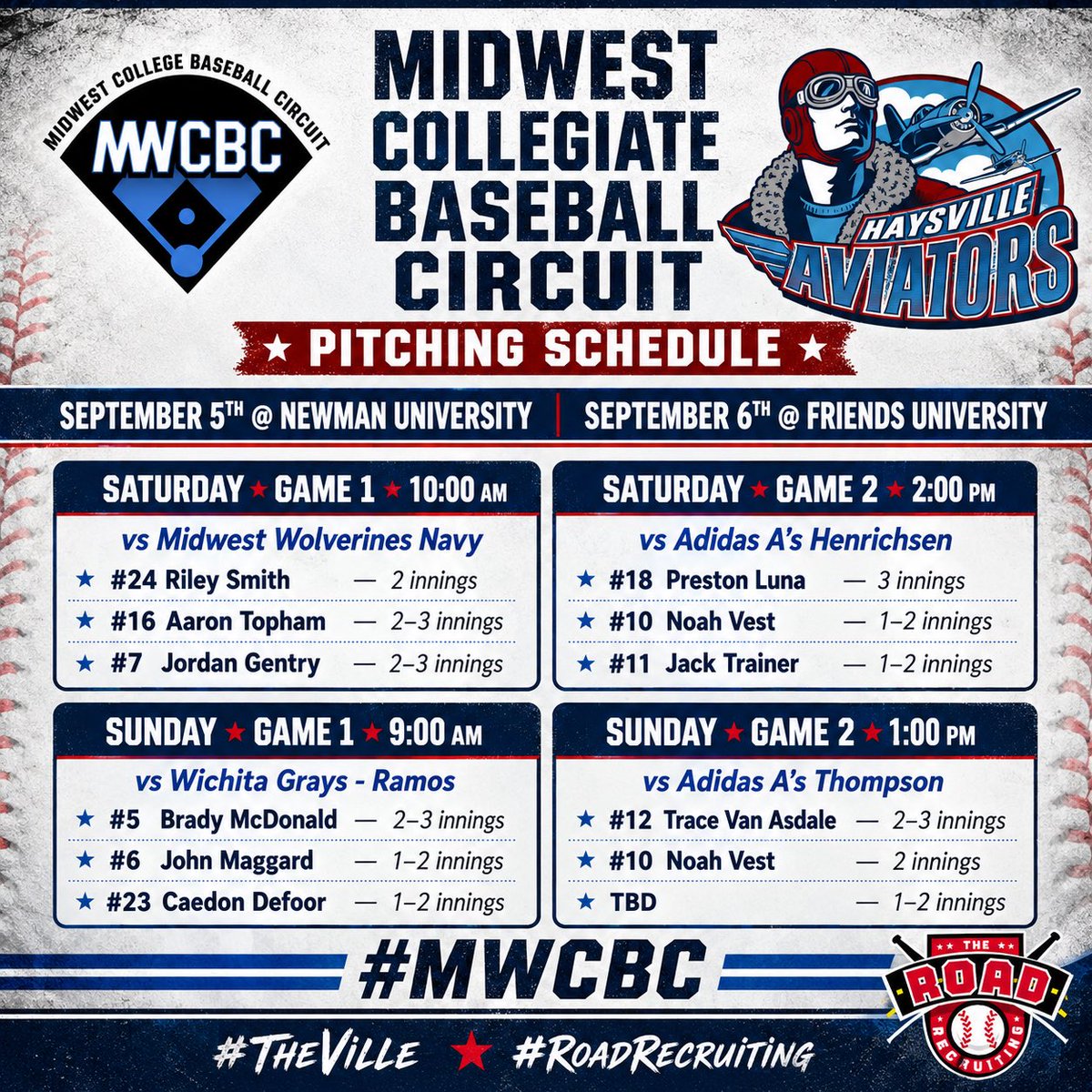 kflax24's tweet photo. 🚨 @mw_cbc Projected Pitching Schedule &amp; Roster🚨 Haysville Aviators getting ready for the weekend! @RoadRecruiting @NewmanJetsBSB 
@FriendsU @CoachTbaxley #MWCBC
#RoadRecruiting #TheVille https://t.co/f0uc35EEq8