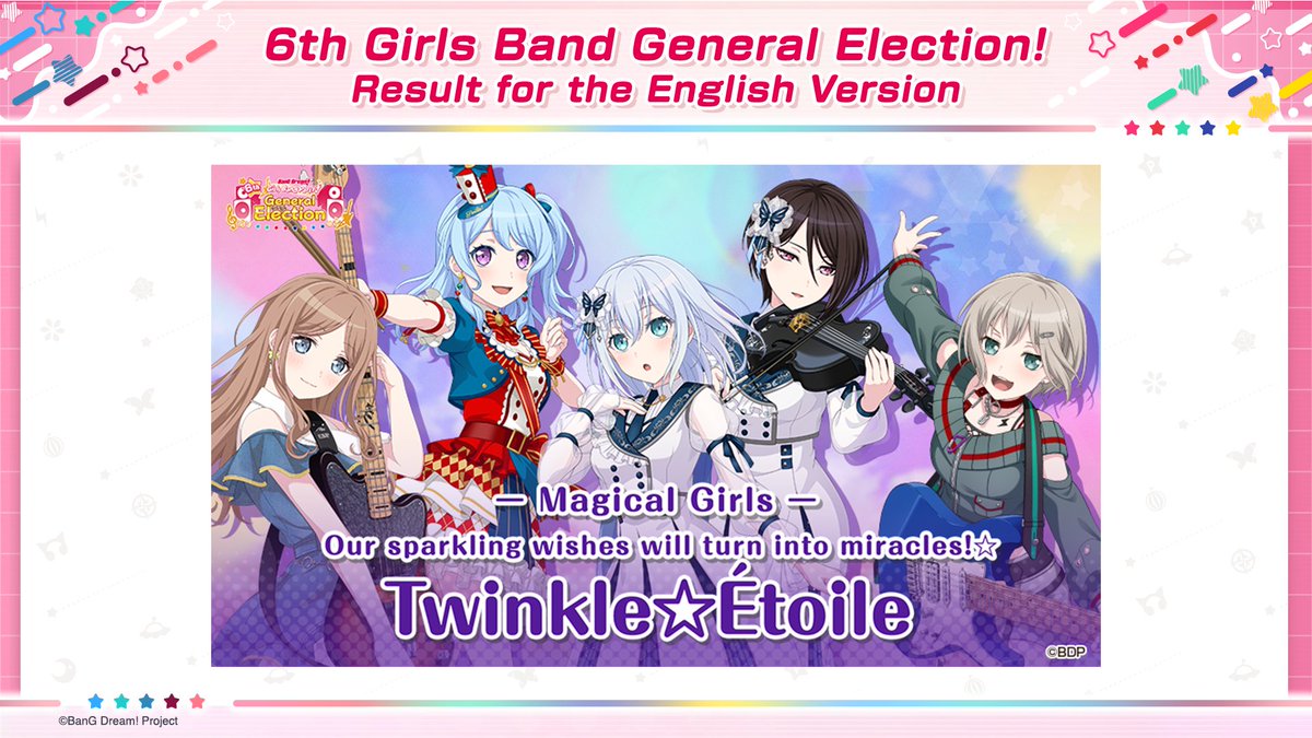 bangdreamgbp_EN's tweet photo. 6th Girls Band General Election✨
Result for the English Version!📢

Our winning band is... Twinkle☆Étoile👑

Thank you for voting!💕
We'll be preparing for special celebration content for this shuffled band in the future as well! Stay tuned!🎶

#BanGDream #6thGBPGeneralElection https://t.co/zTVPqWR8wM