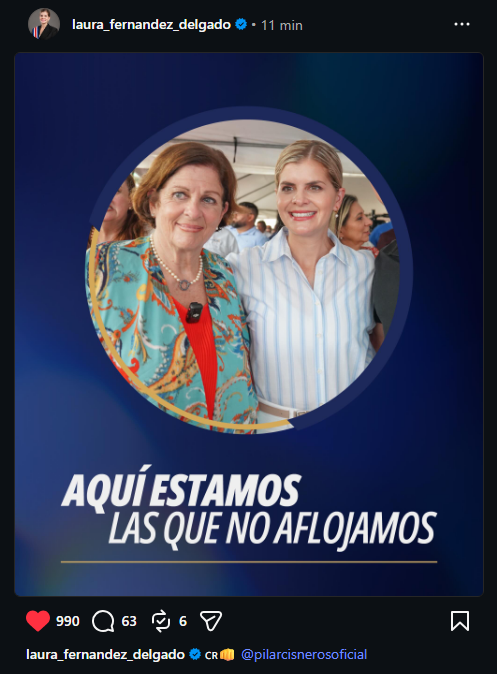 ManuDirecto's tweet photo. ¡RESPALDO TOTAL! 🇨🇷🔥 @laurapresi2026 publica este mensaje en apoyo a Pilar Cisneros tras el show de la alerta migratoria: "Aquí estamos las que no aflojamos". Cierran filas en el gobierno. ¿Qué opinás? https://t.co/vmMGds6RdA