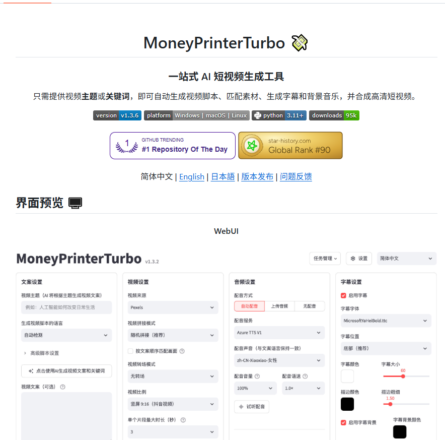 huoshan007's tweet photo. 兄弟们，我挖到一个有点狠的免费短视频流水线。

GitHub 上一个中国老哥做的 MoneyPrinterTurbo，1.3万星了，还在高频更新。

你丢个关键词，它自己写脚本、找无版权高清素材、配字幕、配乐、配音，最后直接吐一条成片。

Claude、DeepSeek、GPT 都能接。

竖屏横屏能切，批量生成能挑，本地、Docker、Colab 都能跑。

我自己试了下，最爽的是没水印、没订阅、没限制。

这玩意儿给不露脸频道和 TikTok Shop 素材党用，真的有点太省事了。

地址：https://t.co/2QgJae80sj