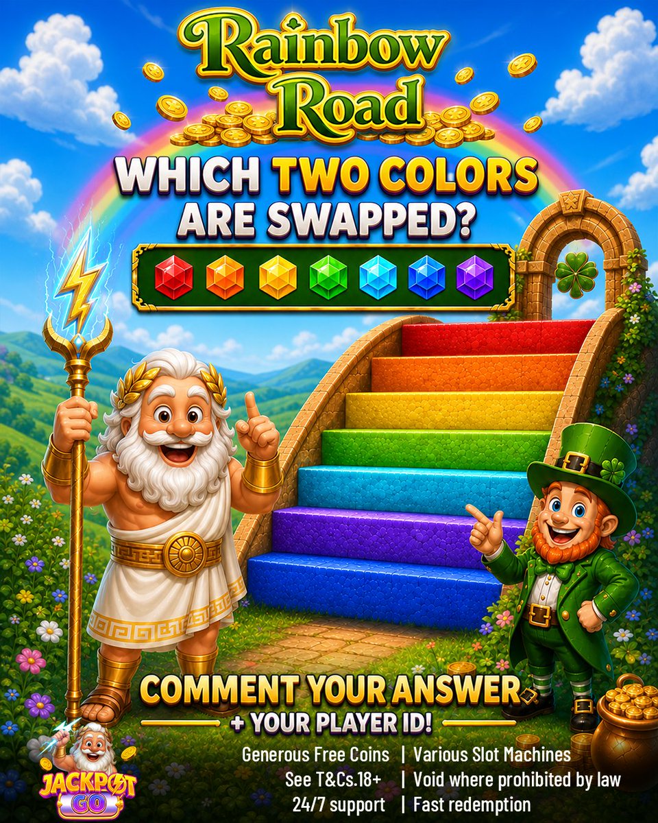JackpotGoGame's tweet photo. 🌈 RAINBOW ROAD COLOR SWAP
Zeus found a mixed-up Rainbow Road board.
Color guide: Red → Orange → Yellow → Green → Blue → Purple.
Two colors swapped places in the image.
Which two are they?
Comment your answer below.
🌐 Web: https://t.co/uIDL5rX80w
📱 iOS & Android: https://t.co/Hb4WOMeNQ5