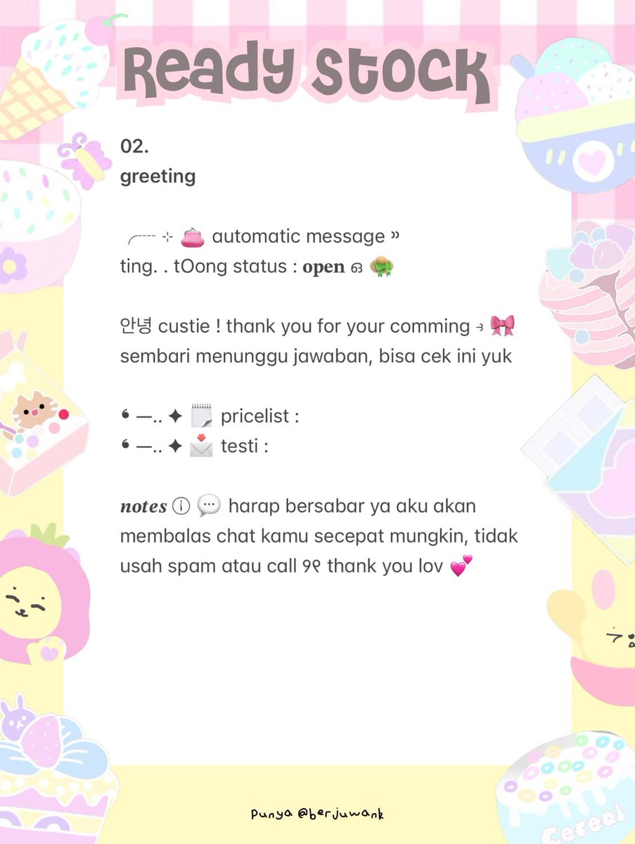 berjuwank's tweet photo. ╭┈ bantu repost yap, maaci🫶🏻

ഒ . 🎡hello !  𓂃 aku bawa wording greeting dan away buat di wabis yuhUuu ᘏ 🍧 ada 4 wording bisa di jemput mulai sekarang 👛 harganya IDR 9.500/ea ⊹. 👚🍥 ketuk ke DM atau WA aku yap 

t. #zonauang ꒱꒱ https://t.co/gLj9nM7SsG