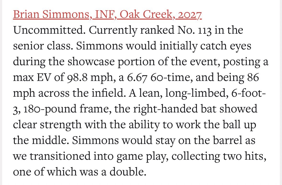 forceout's tweet photo. #Uncommitted
@Brian_Simmons11 | INF | Oak Creek | 2027 | 

Forceout Baseball has helped Brian develop into a high-upside player with length, strength, athleticism and a strong work ethic.

💥 98.8 MPH EV | 6.67 60 | 86 MPH INF @PrepBaseballWI 

Just getting started. Keep an eye on our guy! 

@PG_Uncommitted @UncommittedUsa @PB_Uncommitted @uncommittedBBs