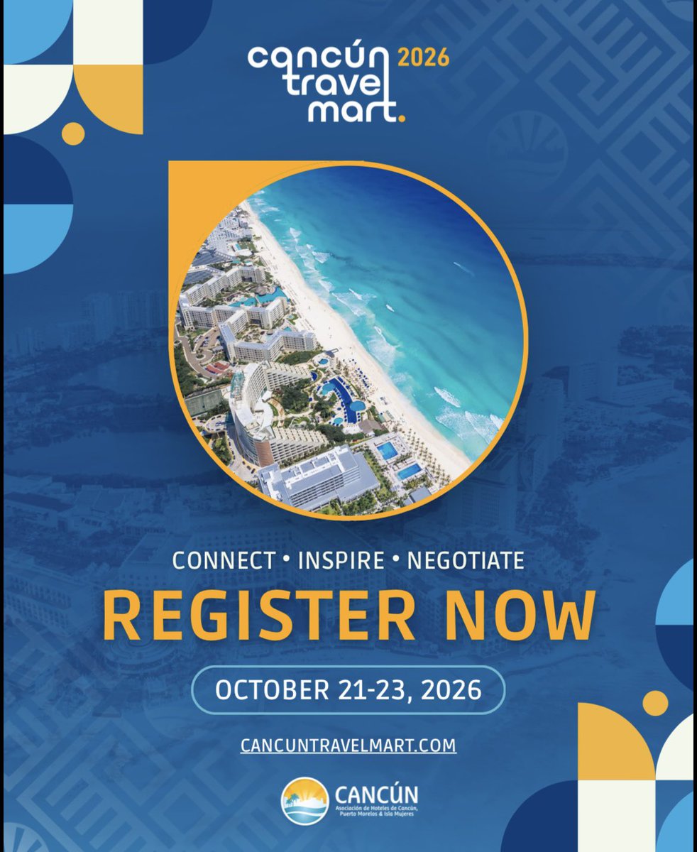 SECTUR_mx's tweet photo. ¡Cancún se prepara para conectar al turismo con nuevas oportunidades! 🌎🤝

Del 21 al 23 de octubre, el Caribe Mexicano recibirá la 38ª edición del Cancún Travel Mart 2026, uno de los encuentros de negocios más relevantes para la industria turística de la región. Compradores y proveedores nacionales e internacionales se reunirán para generar alianzas, fortalecer vínculos comerciales y promover la gran oferta turística de #Cancún y #QuintanaRoo. 🏨✈️🌅

¡No te lo pierdas! 🙌🏼