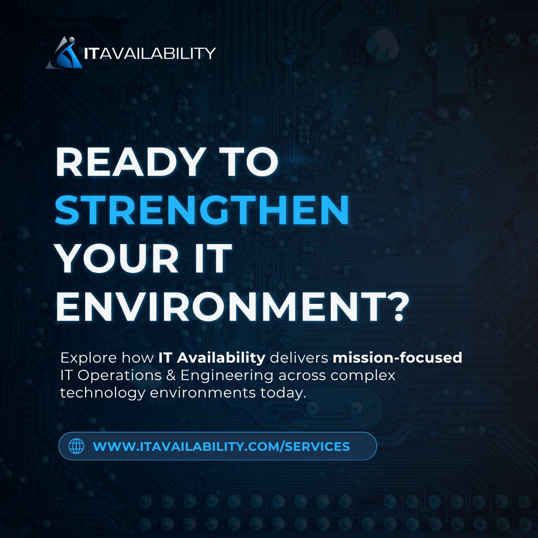 ITAvailability's tweet photo. 𝐂𝐀𝐏𝐀𝐁𝐈𝐋𝐈𝐓𝐘 𝐒𝐏𝐎𝐓𝐋𝐈𝐆𝐇𝐓: 𝐈𝐓 𝐎𝐏𝐄𝐑𝐀𝐓𝐈𝐎𝐍𝐒 &amp; 𝐄𝐍𝐆𝐈𝐍𝐄𝐄𝐑𝐈𝐍𝐆 🔧

What happens when IT infrastructure must perform under pressure, remain resilient, and scale with the mission?

That’s where IT Availability comes in.

👉 https://t.co/tgiqd0Y2BJ https://t.co/Ac7u1KjJEw