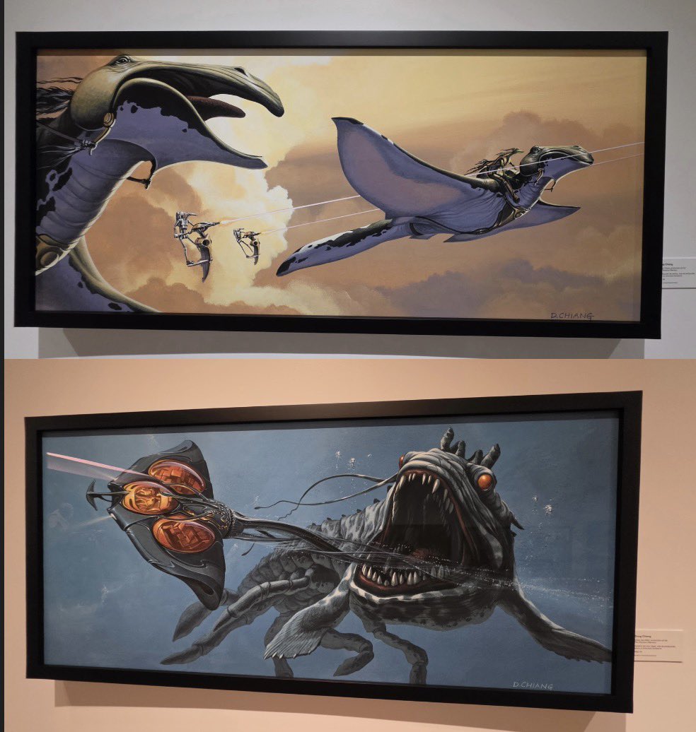 DiscussingFilm's tweet photo. Concept art for ‘THE PHANTOM MENACE’ and ‘ATTACK OF THE CLONES’ on display at the Lucas Museum of Narrative Art.

(🎨: Doug Chiang) https://t.co/Wt0FYSOC77