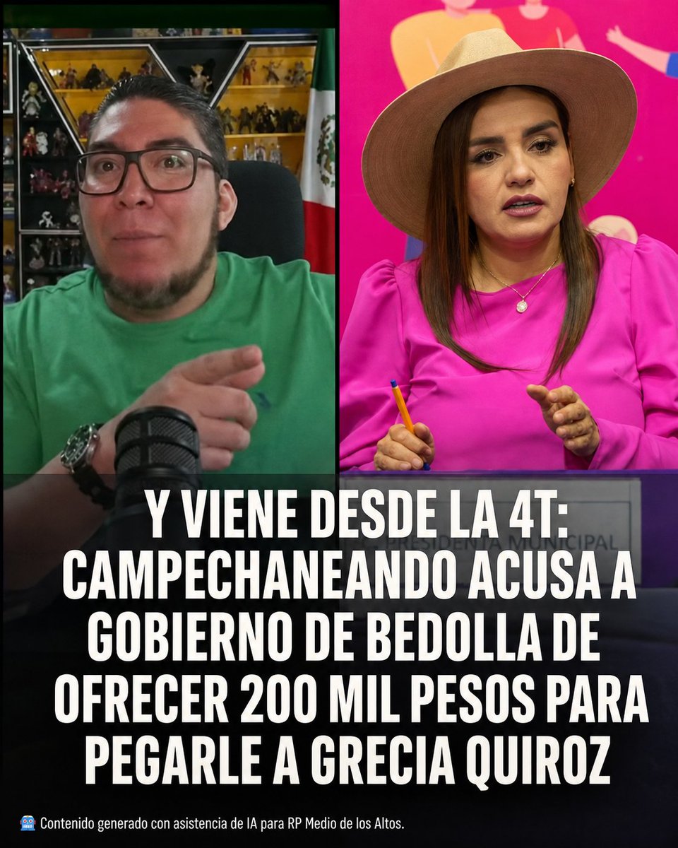 RPMedio's tweet photo. 🔥 𝗬 𝘃𝗶𝗲𝗻𝗲 𝗱𝗲𝘀𝗱𝗲 𝘂𝗻 𝗱𝗲𝗳𝗲𝗻𝘀𝗼𝗿 𝗱𝗲 𝗹𝗮 𝟰𝗧: 𝗖𝗮𝗺𝗽𝗲𝗰𝗵𝗮𝗻𝗲𝗮𝗻𝗱𝗼 𝗮𝗰𝘂𝘀𝗮 𝗮 𝗴𝗼𝗯𝗶𝗲𝗿𝗻𝗼 𝗱𝗲 𝗕𝗲𝗱𝗼𝗹𝗹𝗮 𝗱𝗲 𝗼𝗳𝗿𝗲𝗰𝗲𝗿 𝟮𝟬𝟬 𝗺𝗶𝗹 𝗽𝗲𝘀𝗼𝘀 𝗽𝗮𝗿𝗮 𝗽𝗲𝗴𝗮𝗿𝗹𝗲 𝗮 𝗚𝗿𝗲𝗰𝗶𝗮 𝗤𝘂𝗶𝗿𝗼𝘇

No fue un influencer identificado con la oposición quien lanzó el señalamiento.

Campechaneando, youtuber que durante años ha mostrado públicamente su respaldo a Andrés Manuel López Obrador y ha sido identificado como creador afín a la Cuarta Transformación, aseguró que desde el gobierno de Michoacán estarían ofreciendo hasta 200 mil pesos por video para atacar en redes a Grecia Quiroz.

El creador de contenido afirmó que personas presuntamente relacionadas con la administración del gobernador Alfredo Ramírez Bedolla también buscaron acercarse con él.

Según su versión, rechazó participar.

“Doscientos mil pesos paga por video” y “si le tiras a la Grecia, billetón”, declaró al relatar los supuestos ofrecimientos.

La acusación resulta particularmente llamativa por venir de un comunicador que históricamente ha respaldado al movimiento encabezado por López Obrador y no de una figura abiertamente opositora.

Sin embargo, hasta el momento no se han presentado documentos públicos que demuestren la existencia de esos pagos ni se ha identificado a los creadores de contenido que presuntamente habrían recibido el dinero.

Grecia Quiroz es actualmente presidenta municipal de Uruapan y mantiene diferencias políticas con actores del oficialismo michoacano.

Fuente: Monitor Expresso / CLS Comunica

#RicardoPadilla #Michoacán #GreciaQuiroz
🤖 Contenido generado con asistencia de IA para RP Medio de los Altos.