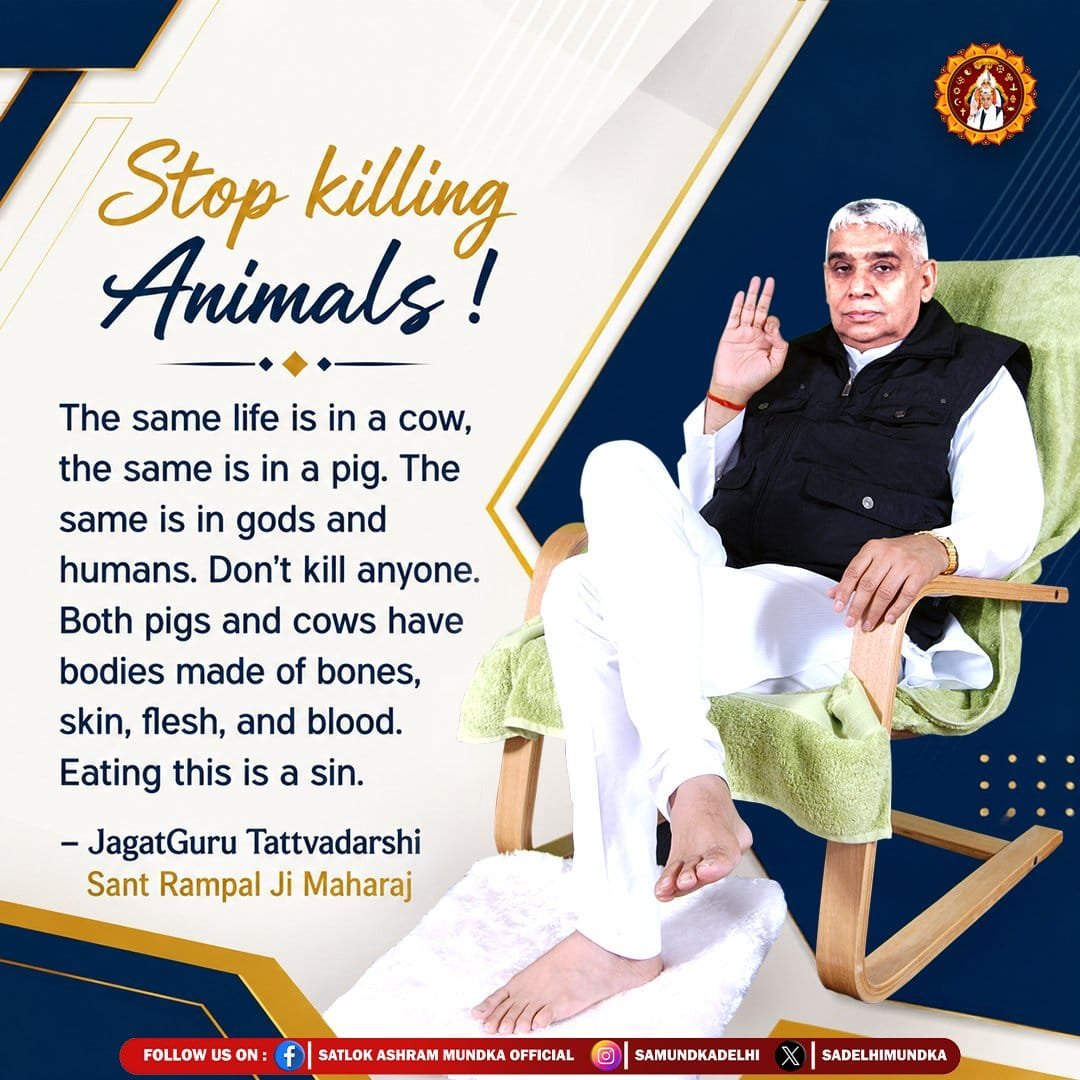 Shanker75766116's tweet photo. #GodMorningFriday 
The same life is in a cow, the same is in a pig. The same is in gods and humans. Don't kill anyone. Both pigs and cows have bodies made of bones, skin, flesh, and blood. Eating this is a sin.
 - Sant Rampal Ji Maharaj https://t.co/0PHsBHT5pd