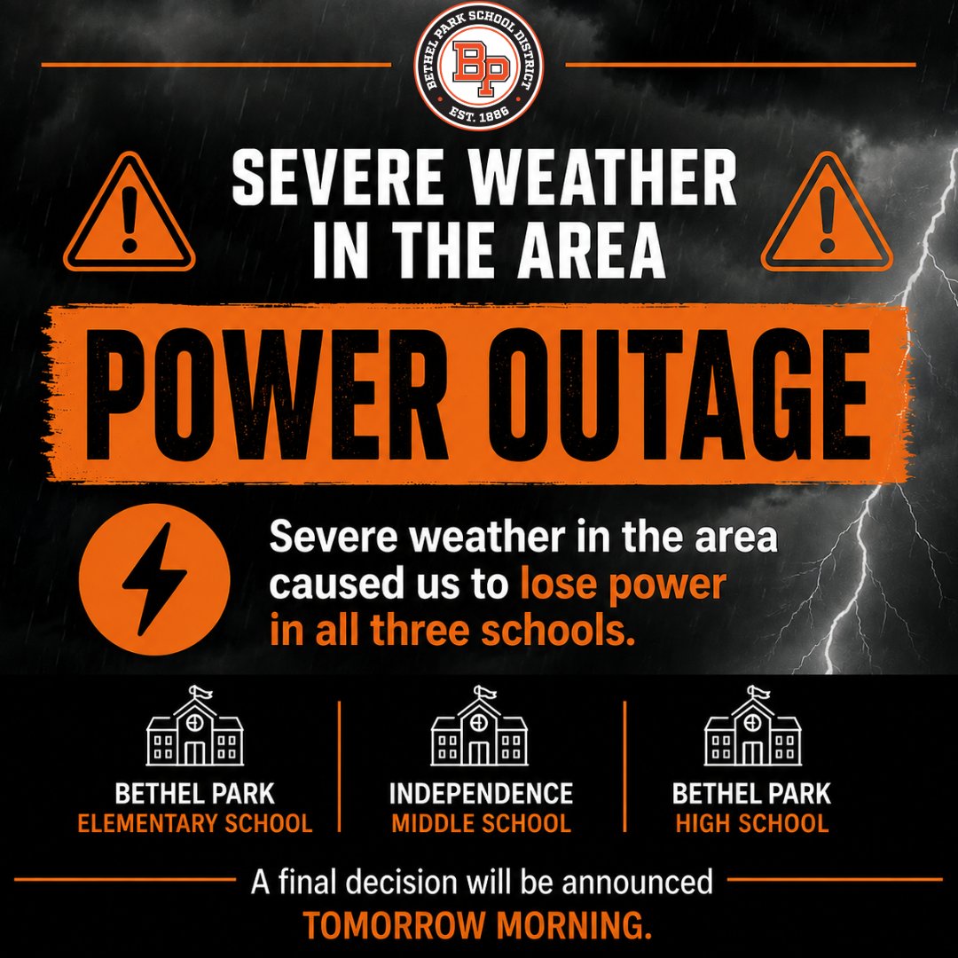 bpsdinfo's tweet photo. Tonight's severe weather knocked out power at all three of our school buildings. We haven't made a decision yet about school tomorrow. We will announce a final determination at approximately 5 a.m. Friday.🖤🧡 https://t.co/tYuU2fvXBE