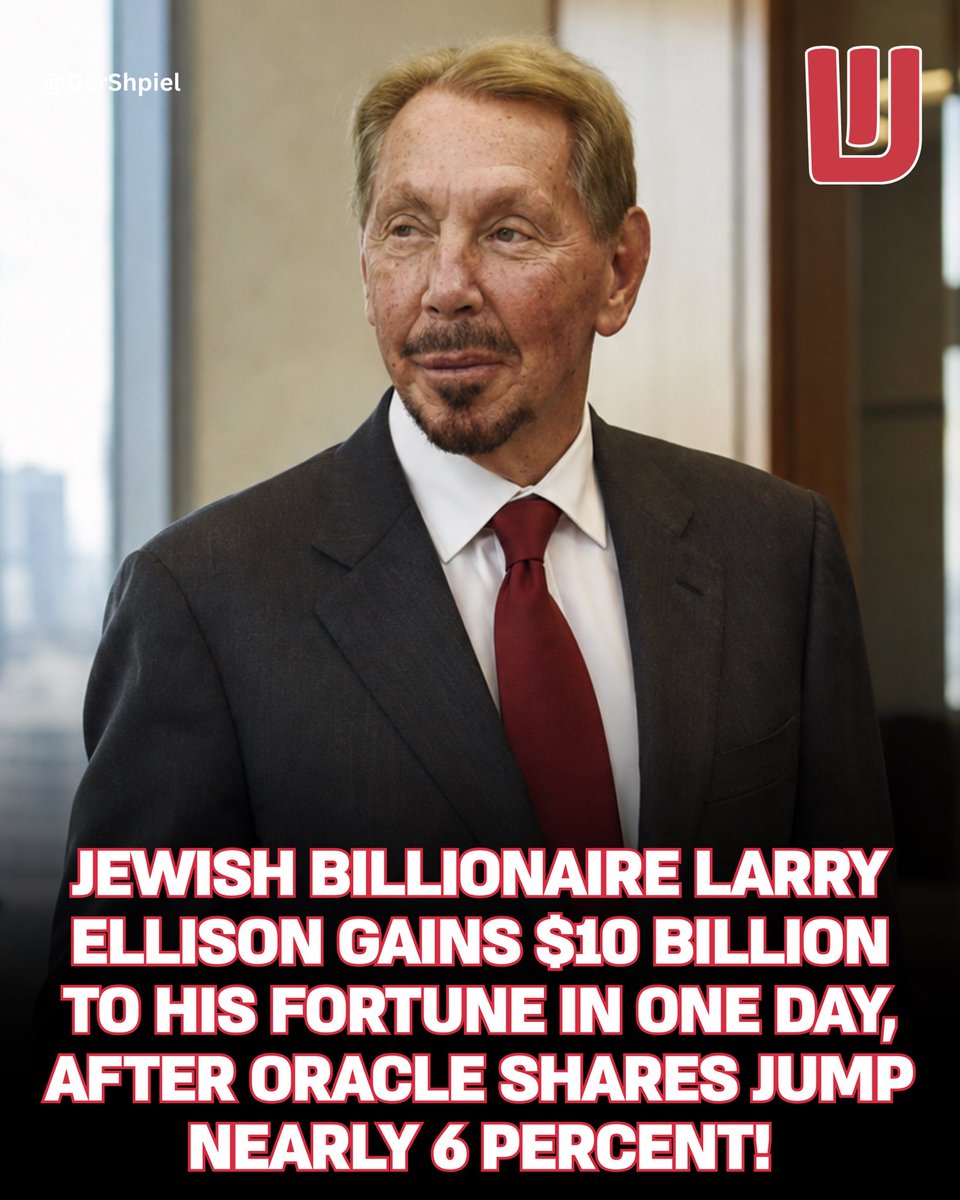 DerShpiel's tweet photo. Jewish billionaire Larry Ellison gained approximately $9.8 billion on September 3 after investors pushed Oracle shares up 5.7 percent, ranking him as the day’s biggest Jewish billionaire winner, raising his estimated fortune to $198.3 billion, according to Forbes.

Oracle gained approximately $24 billion in value during the day. Ellison owns 40.6 percent of the company through roughly 1.16 billion shares, meaning every major movement in Oracle has an enormous effect on his personal fortune.

Oracle climbed during a broad technology rally as investors returned to major software companies. The company is also preparing to announce its latest financial results on September 10, when investors will learn whether its rapidly expanding AI and cloud business is keeping pace with the billions being spent on new data centers.

Ellison did not receive $9.8 billion in cash. His Oracle ownership simply became worth that much more. He finished ahead of Mark Zuckerberg, who gained approximately $6 billion, Michael Dell, who gained $5.3 billion, and Larry Page, who gained $4.2 billion.