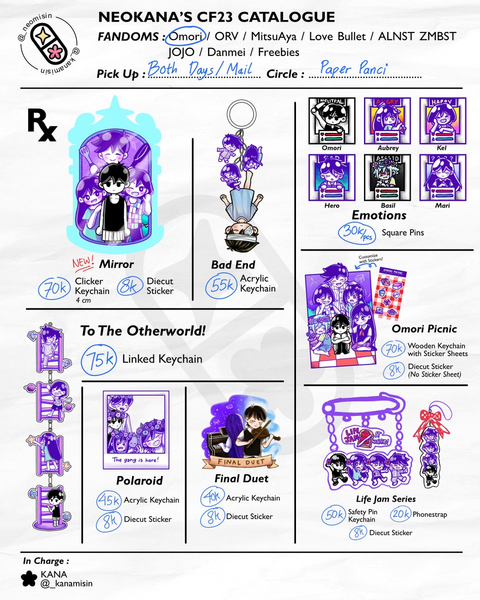 _kanamisin's tweet photo. My #CF23 PO is Open !!
[1/2]

🗒️ Day 1, 2 &amp; Mail Order
📍 Paper Panci
📆 4 - 15 Sept 2026
✨ JJBA, Omori, ORV, Mitsuaya (TGSWIIWAGAA), Alien Stage, Love Bullet, Danmei
🔗  Pickup : https://t.co/KFboZkonU4
Mail Order : https://t.co/t5qDNGEOjE

#cf23catalogue #comifuro23catalogue https://t.co/3KkgPSBmUv