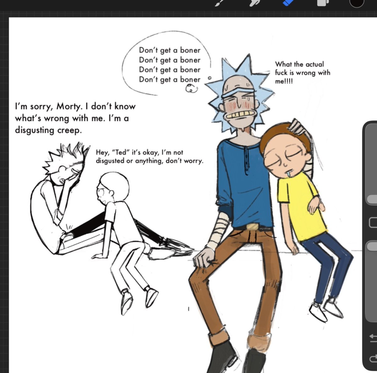 Sickarikadi's tweet photo. I love Ted, he's so moe. I think him discovering this "sick" part of him is very interesting. He's not "Ted" the regular dude that has healthy relationships. He's Rick, and with that, loving Morty is part of his unhealthy reality. #rickorty https://t.co/2OTf3p7ENI