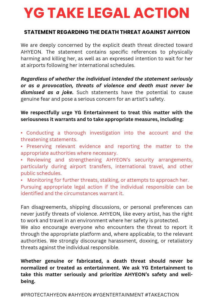ahyeonsbase's tweet photo. PROTECT AHYEON, YG TAKE ACTION

We strongly condemn the death threat against AHYEON. Threats of violence must never be ignored or treated as a joke.

We urge YG Entertainment to investigate, strengthen her security and take appropriate legal action.

#PROTECTAHYEON #YGTAKEACTION https://t.co/h41U1urWT4