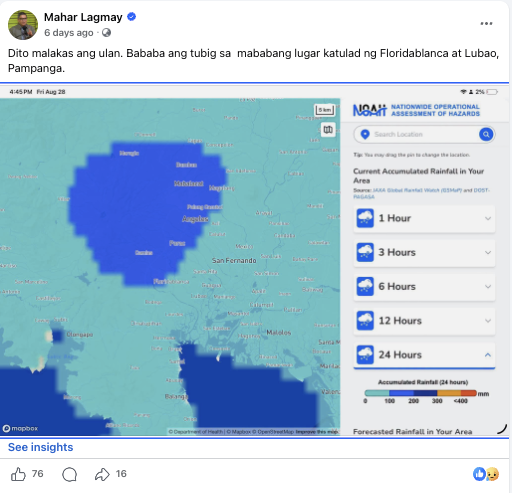 nababaha's tweet photo. Six days ago, we posted the 24-hour accumulated rainfall over the Zambales region, which reached up to 200 mm over an already saturated landscape following days of persistent Habagat rains.

The area affected by this extreme rainfall covers approximately 1,400 square kilometers, or about 1 billion square meters.

Put into perspective, this represents roughly 276 million cubic meters of rainwater, equivalent to about 112,000 Olympic-sized swimming pools falling over the mountainous landscape.

That enormous volume of water was subsequently conveyed downslope and into low-lying communities across Zambales (e.g., San Marcelino), Bataan (e.g., Dinalupihan, Hermosa), Pampanga (e.g., Lubao, Floridablanca, and San Fernando), and Tarlac (e.g., Tarlac City).

When the rainfall distribution is overlaid with the flood hazard maps, a striking pattern emerges. The communities downstream of the mountainous area that had extreme rainfall correspond closely with the communities that were subsequently reported to have experienced flooding.
