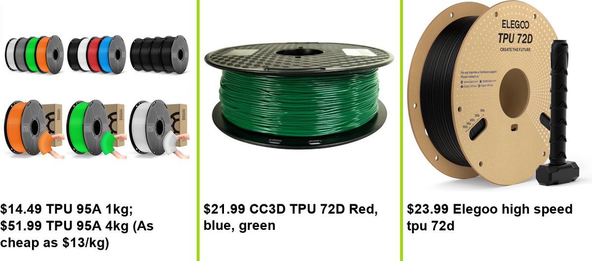 3dpdeals's tweet photo. $14.49 TPU 95A 1kg; $51.99 TPU 95A 4kg (As cheap as $13/kg)
https://t.co/Xh8xH6uJQc

$21.99 CC3D TPU 72D Red, blue, green
https://t.co/Q66hzQvBkY

$23.99 Elegoo high speed tpu 72d
https://t.co/QioRPwUG0w

#ad #afflink https://t.co/5jTH19MGOq
