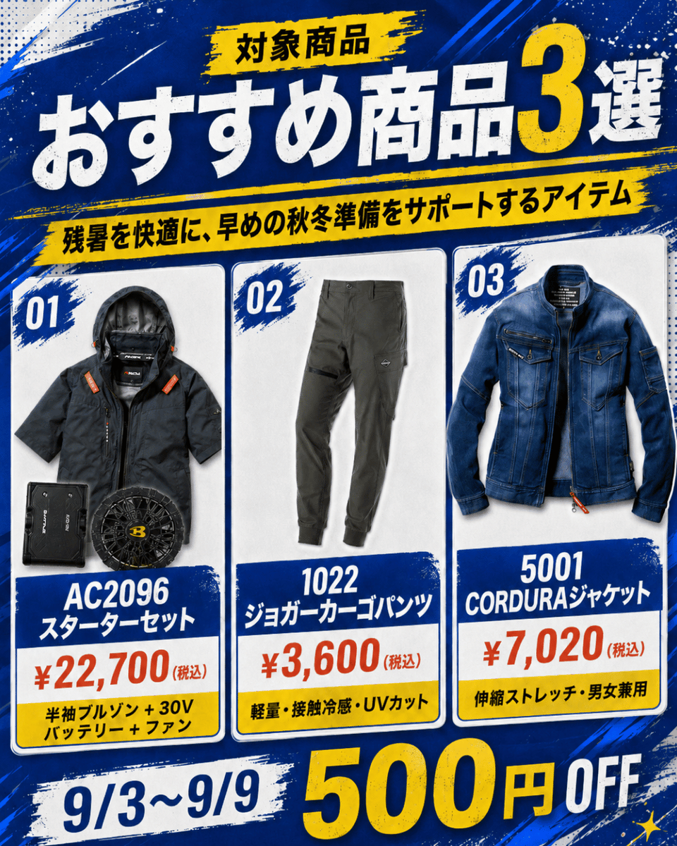 anzenwork's tweet photo. 👕「作業服の日」キャンペーン開催中！9/9まで

LINE友だち＆安全ワーク会員限定。
今月はバートルの対象カジュアル作業服が500円OFF✨

残暑対策の空調ウェア・接触冷感パンツから、早めに揃えたい秋冬ウェアまで対象です。

詳細はリプ欄へ👇
#安全ワーク #作業服 #バートル https://t.co/cUFGQx7VM0