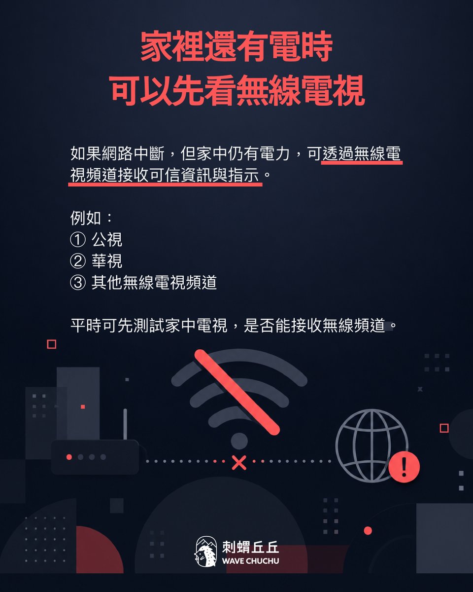 watchoutTW's tweet photo. 如果手機突然沒訊號，網路也連不上，重要消息要從哪裡來？

危機發生時，我們平常最習慣的 LINE、社群、新聞網站，可能都暫時派不上用場。

這時候，就不能只依賴手機！

平時可以先幫自己準備幾個備援資訊管道：

① 家裡還有電時
先確認電視能不能接收無線頻道，透過公視、華視等無線電視頻道，接收可信資訊與指示。

② 停電或無法看電視時
準備電池式、手搖式或太陽能收音機，並先查好所在地區的廣播頻率。

③ 廣播也無法使用時
可以前往附近派出所、村里辦公室，獲取正確資訊，再依官方指示行動。

斷網斷訊時，多一條資訊管道，就多一分安心。

現在就可以先檢查：

□ 家中電視能不能接收無線頻道
□ 家裡是否有停電時能用的收音機
□ 是否已記下所在地區的廣播頻率
□ 是否知道附近派出所、村里辦公室在哪裡

➜➜ 把這篇存起來，也分享給家人朋友，一起確認斷網斷訊時的備援資訊管道！➜➜

✎ 資料來源｜沃草《積極行動指南》、《公民行動指南》、《當危機來臨時：臺灣全民安全指引手冊》