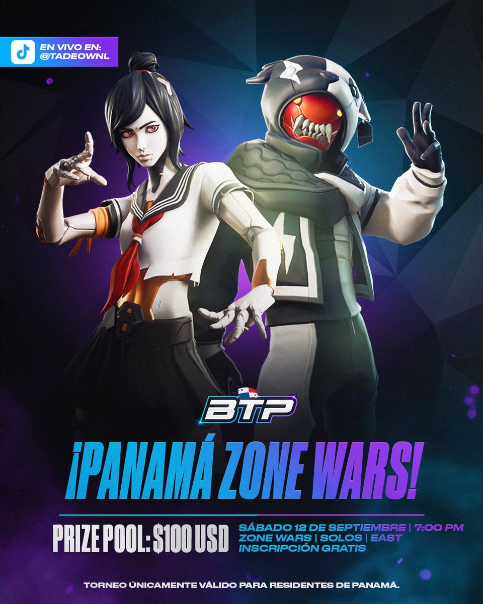 borntoplaygg's tweet photo. 🇵🇦🔥 ¡PANAMÁ ZONE WARS!
💰 Prize Pool: $100 USD
🗓️ Sábado 12 de septiembre | 7:00 PM
🎮 Zone Wars | Solos | East
🎟️ Inscripción GRATIS
🇵🇦 Exclusivo para residentes de Panamá
✅ Inscripción + requisitos en el link de bio
#ZoneWars #Fortnite #BTPOnTop #Panama #FortniteCompetitive https://t.co/EiroFwO808