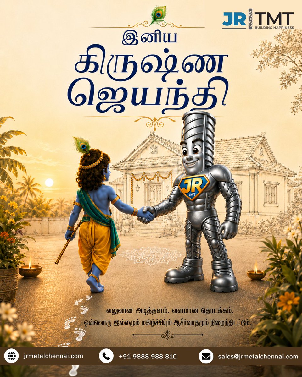 jrtmt_official's tweet photo. உறுதியான அடித்தளம், தெய்வீக ஆசி! 🪈✨
கண்ணனின் வருகை உங்கள் வீட்டில் என்றென்றும் மகிழ்ச்சியையும் செழிப்பையும் தரட்டும். 🦚🏠
அனைவருக்கும் JR TMT-ன் இனிய கிருஷ்ண ஜெயந்தி நல்வாழ்த்துகள்!
#KrishnaJayanthi #JRTMT #BuildingHappiness #Gokulashtami #StrongFoundation #Janmashtami https://t.co/4ulVkfhJIR