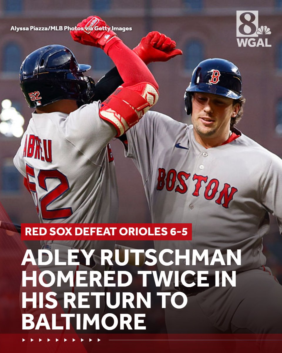 WGAL's tweet photo. Adley Rutschman homered twice in his return to Baltimore, and the Boston Red Sox rallied to beat the Orioles 6-5 on Thursday night. #BostonRedSox #BaltimoreOrioles #AdleyRutschman #ALEast #AmericanLeague #MLB https://t.co/dwXXf5QRw9