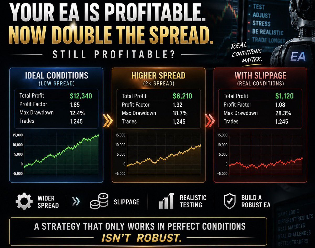 EAStorage_en's tweet photo. Your EA looks profitable.

Now double the spread.

Still profitable?

Good.

Add slippage.

Still profitable?

Even better.

A strategy that only works in perfect conditions isn’t robust. https://t.co/PLNEeYvIPf