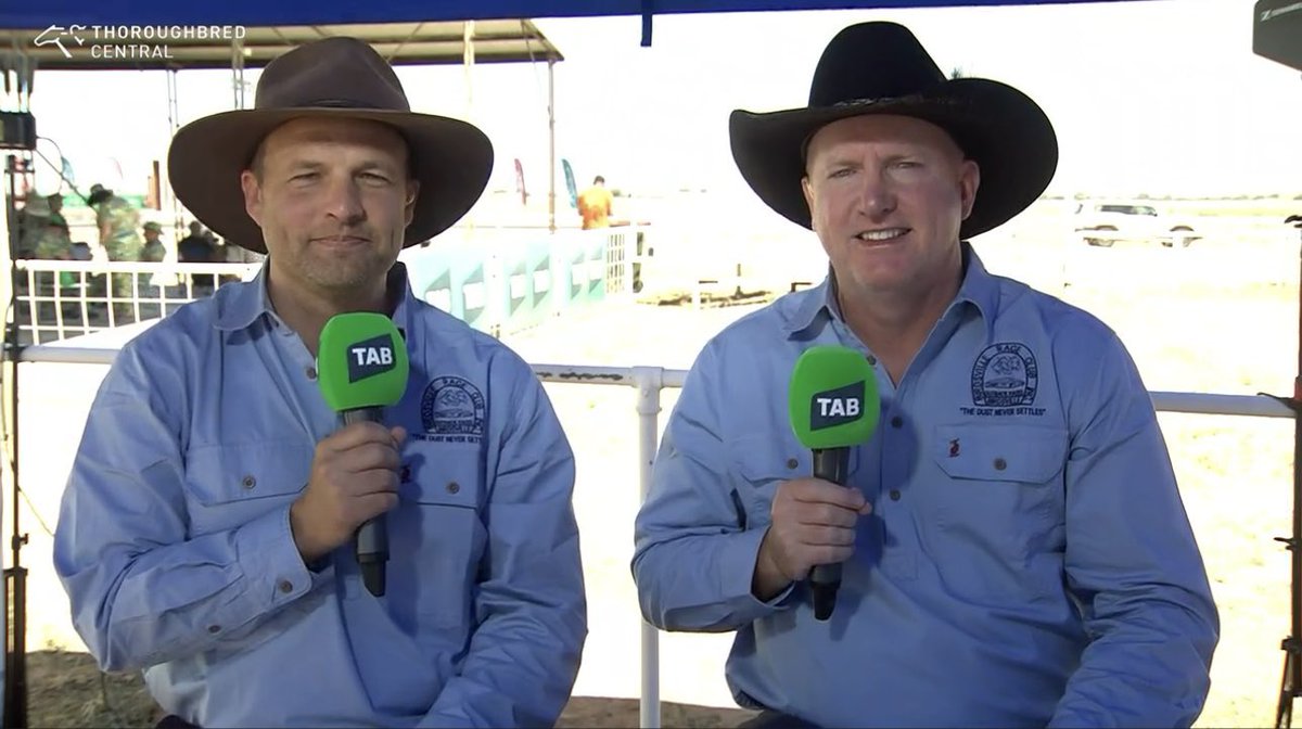 RaceQLD's tweet photo. The boys certainly understood the assignment 🤠

@PaulJoice1 &amp; @BenWayAUS are trackside for today’s @birdsvilleraces 

Today we’ve got the ‘Akubra Sprint’ ahead of tomorrow’s Birdsville Cup 🏆

One of Australia’s bucket list race meetings! https://t.co/pH9KUxJv10