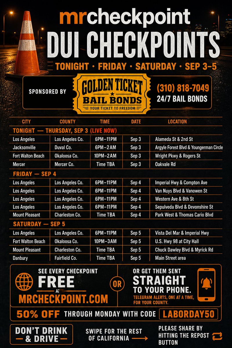 MrCheckpoint's tweet photo. Labor Day weekend checkpoints are up.

Full list with cross streets and times, free at https://t.co/wKiTf8JEi5

Want them sent straight to your phone the second we confirm one in your county? Telegram alerts are 50% off your first month with code LABORDAY50 https://t.co/8OrJ1NBwy5