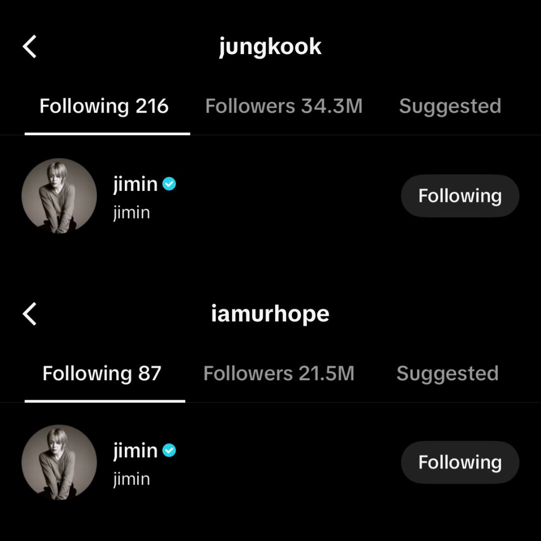 jmfolder's tweet photo. jungkook and hobi followed jimin on tiktok 🙂‍↕️🫂 https://t.co/E6vcohR0xh