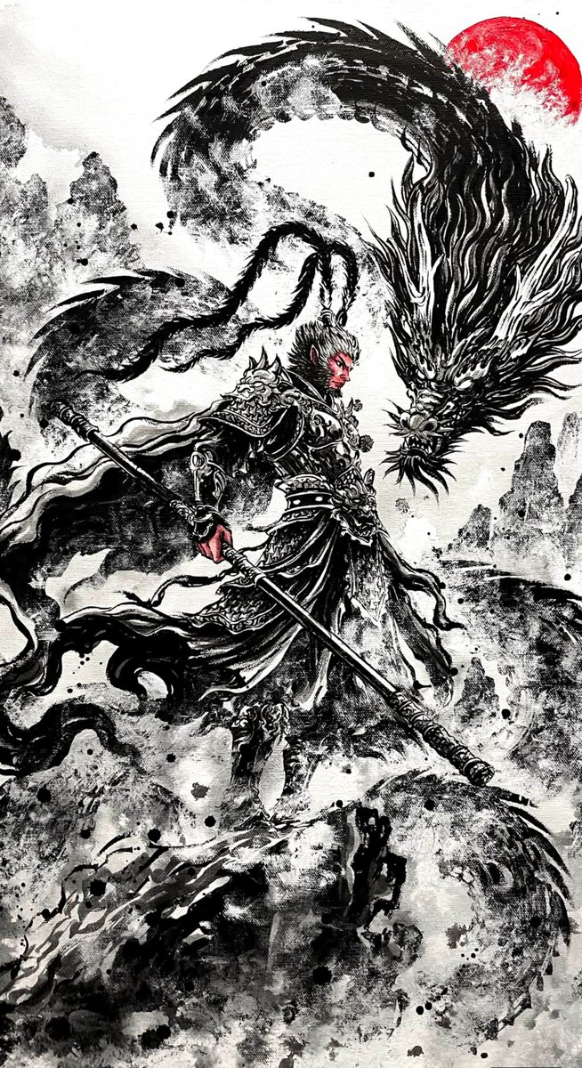 NftAttawut's tweet photo. Raw energy captured in traditional ink brushstrokes. 🖤🔥
"齊天大聖" — Sun Wukong, the Great Sage Equal to Heaven, alongside the celestial dragon under a crimson sun. Every stroke feels alive with mythical power.#ArtTwitter #ARTwithX #ArtistOnTwitter #InkWash #SumiE #ChineseArt https://t.co/lYTvuSoOSI