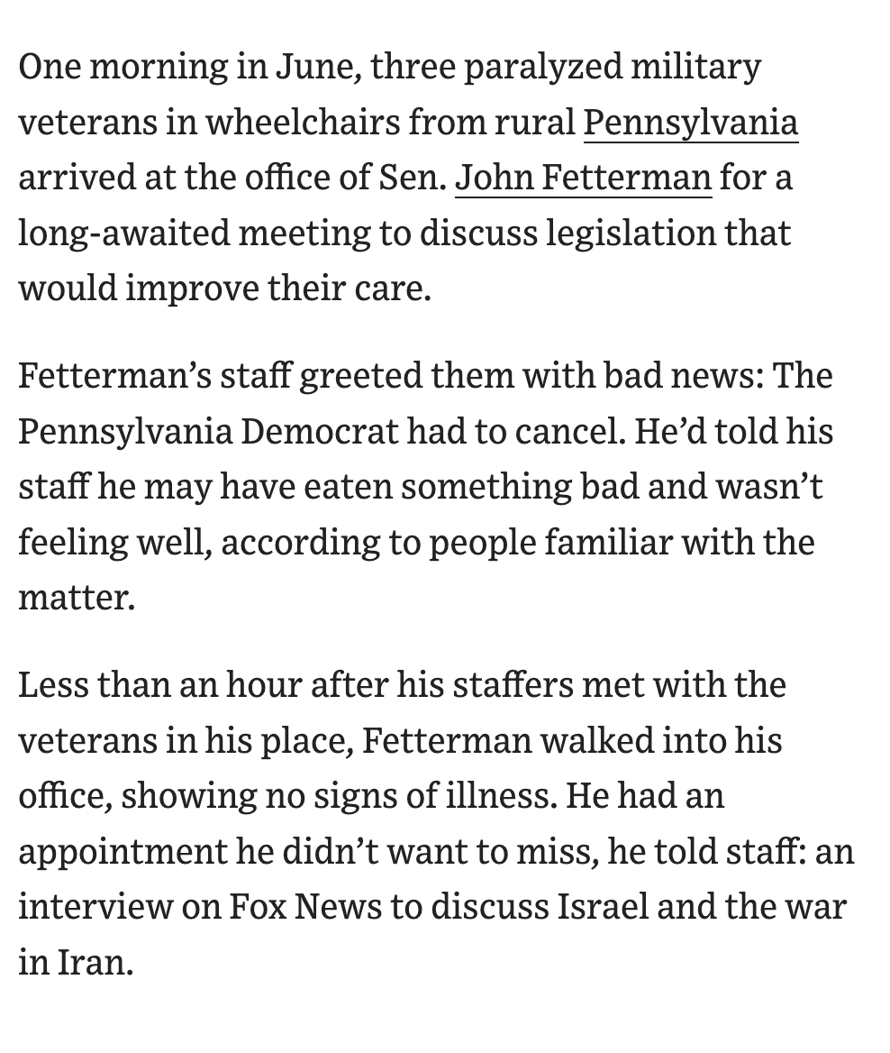 prem_thakker's tweet photo. My gosh. Fetterman pretended to be sick to avoid meeting three paralyzed veterans from rural PA…and then went to do a Fox interview on Israel.

He agreed to meet a lawmaker who drove from PA to talk about homeless and working people…and then bailed &amp; met pro-Israel Bruce Pearl. https://t.co/4EajiImiOv