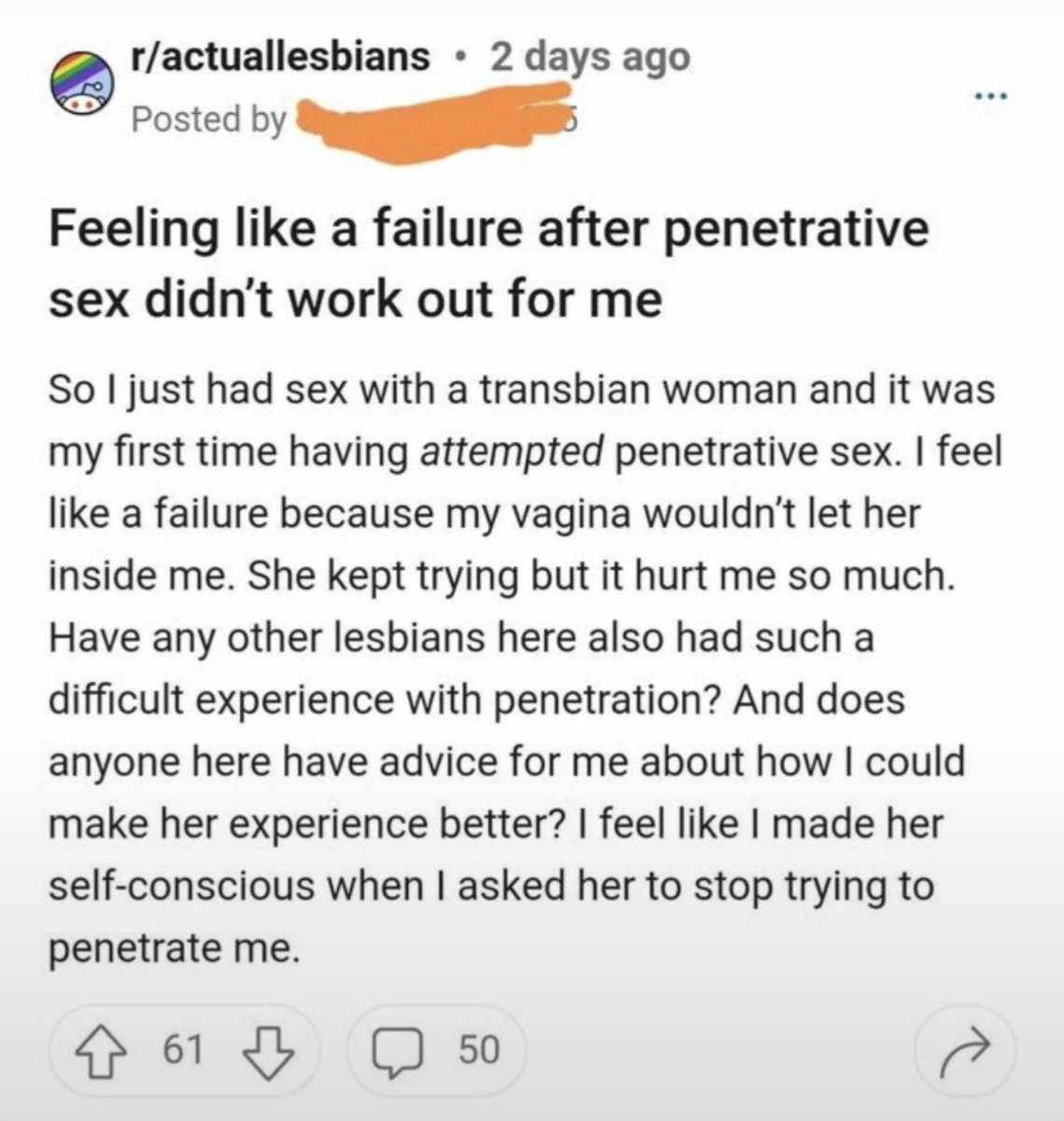 sappholives83's tweet photo. This makes me furious and sick at the same time. The things that are being done to young lesbians in the name of inclusion are atrocious. This woman subjected herself to sex with a man because she felt like she had to do so in order to be a good person, even though her body was screaming “no,” and now she feels like a failure because it didn’t work out for HIM. 

How is this any different than telling lesbians that being gay is against God’s will? In both cases, you have lesbians made to feel like they’re the problem because they don’t want to have sex with men.